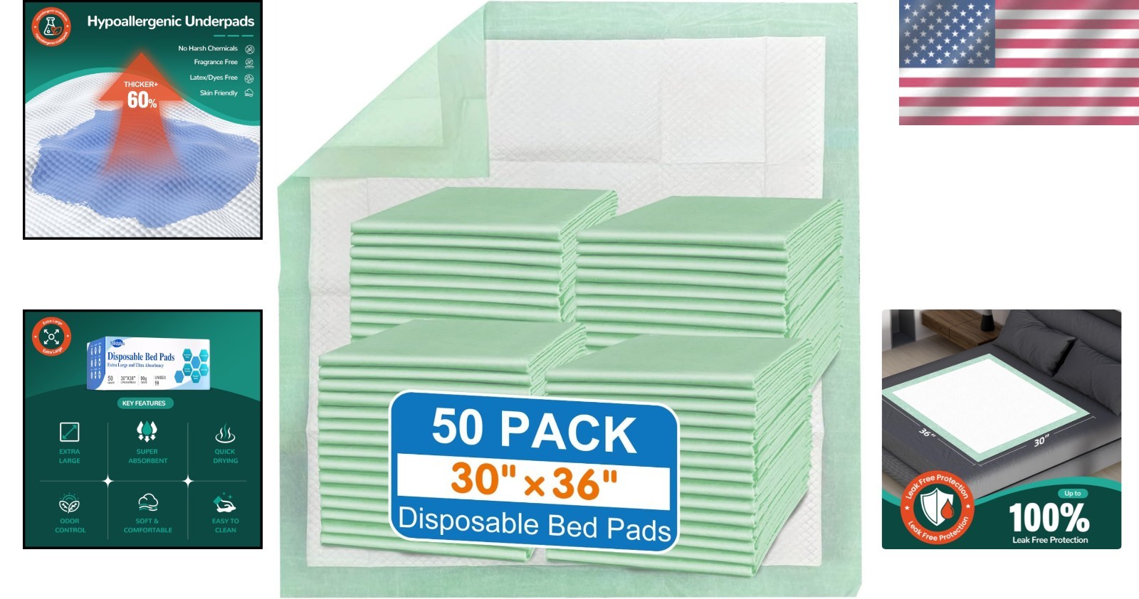 Soft & Breathable Disposable Bed Pads 30″x36″ – 50 Count, Heavy Absorbency