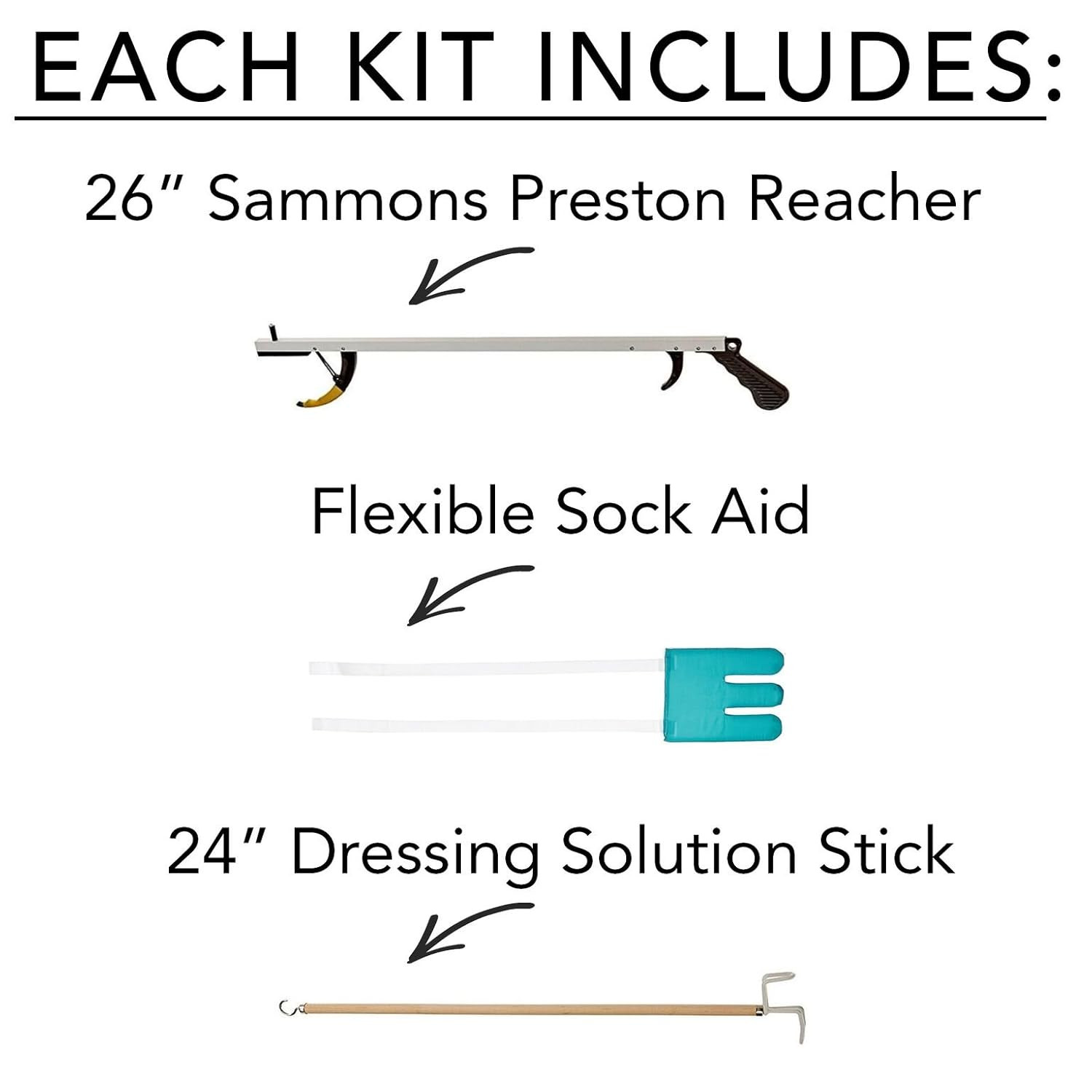Assistive Device Kit 4, Includes 26″ SPR Reacher, Flexible Sock Aid & 26″ Dressi