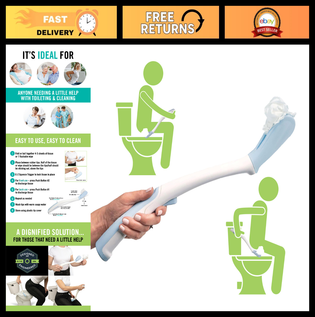 Toilet Aid Wiping Tool – 18″ Long Bathroom Mobility Aid for Disabled & Elderly