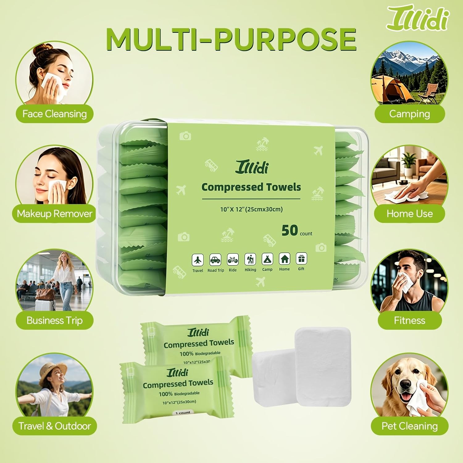 ILLIDI Compressed Towels, 50 Count Individually Wrapped Mini Tablets, Disposable