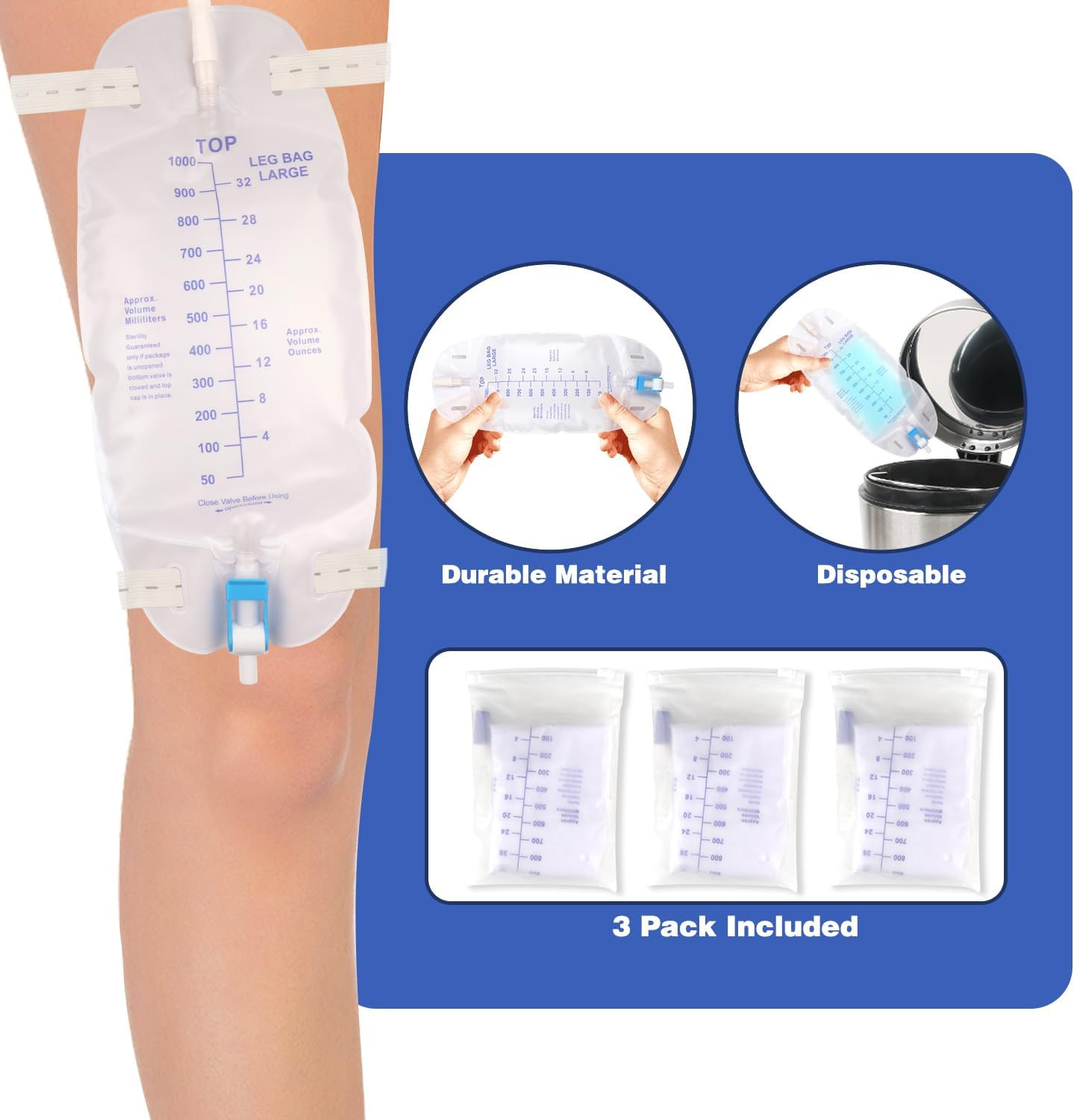 3 Pack Catheter Bags, Premium Easy-Tap Leg Bag Urinary Drainage Bag, 32 Oz with