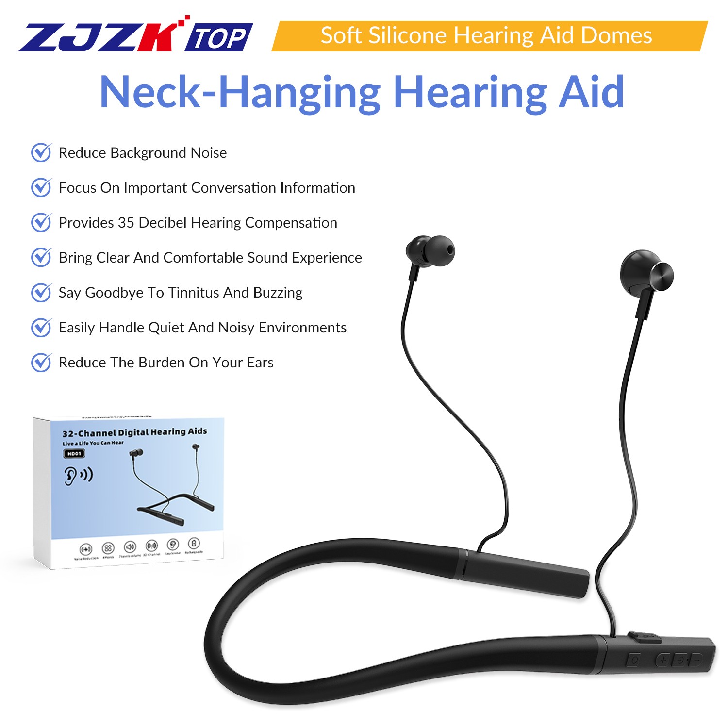 Elderly Neck Hearing Aids OTC 7Volume Levels for Seniors Severe Loss Clear Sound