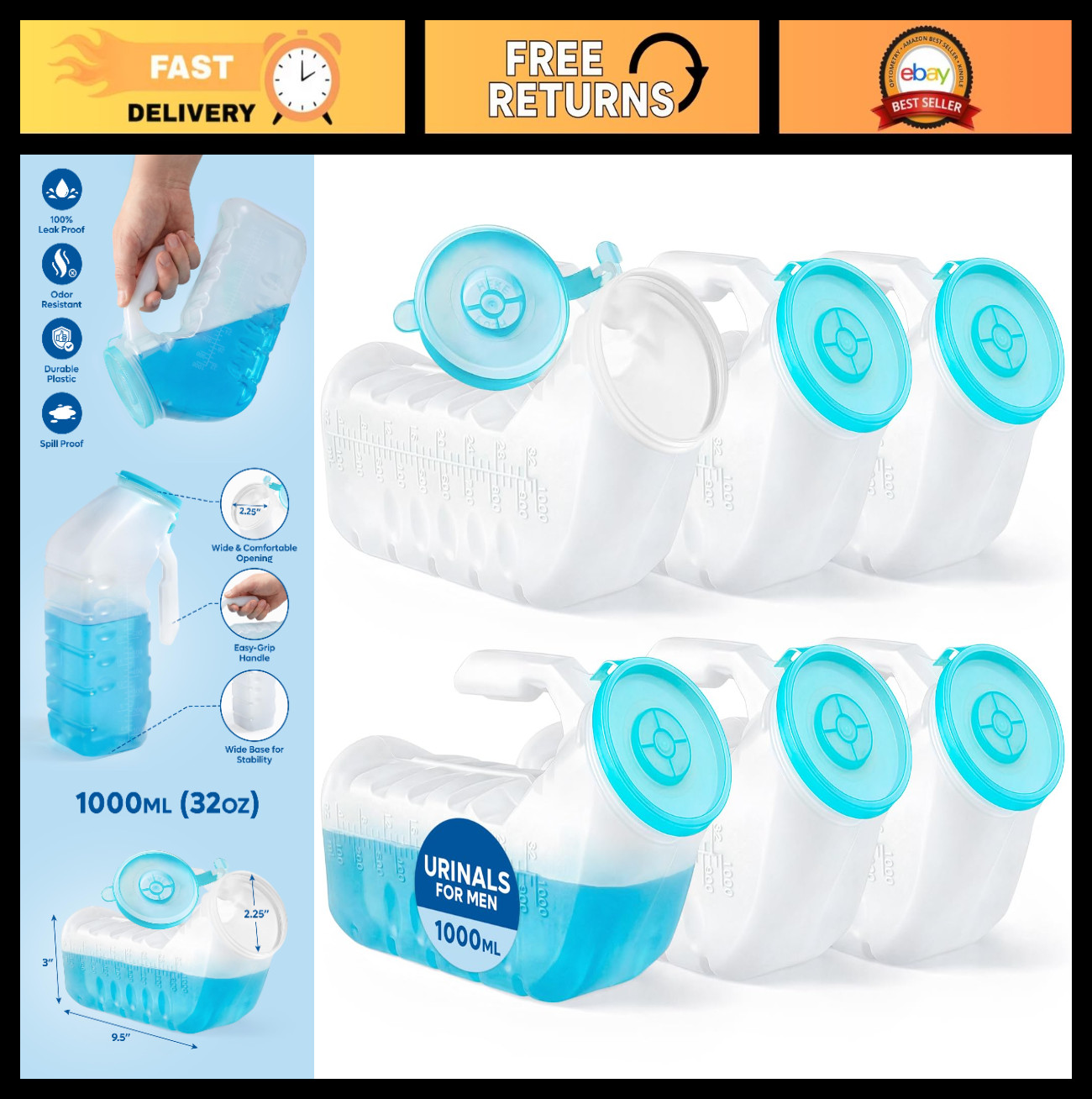 Portable Urinal Bottles for Men – 6 Pack Glow-in-the-Dark, Spill-Proof, 32oz