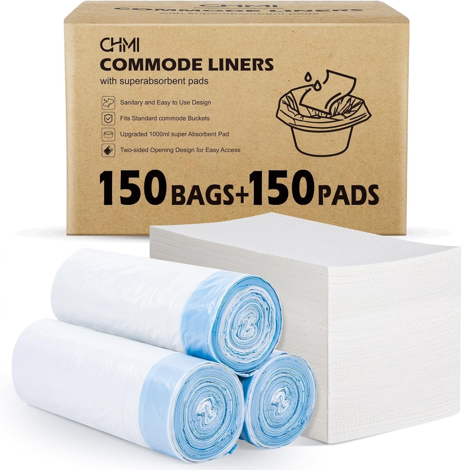 150 Pack Commode Liners with Absorbent Padsï¼Œ150 Disposable Commode Bags and 1
