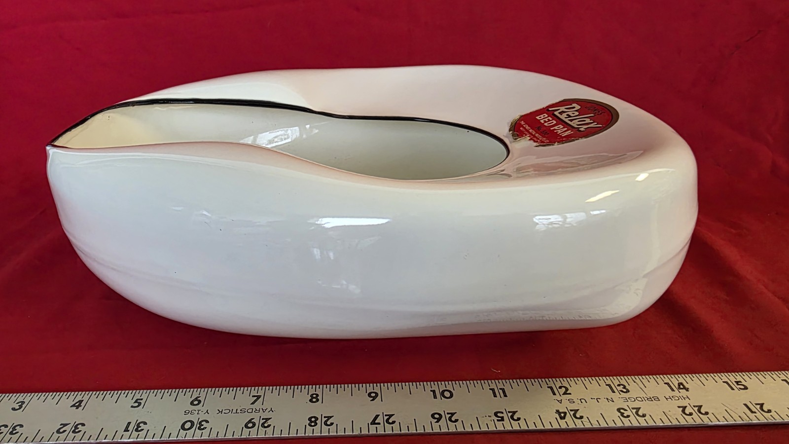 Vintage 1940s Jones Relax White Black Edge Porcelain Enamel Metal Bed Pan