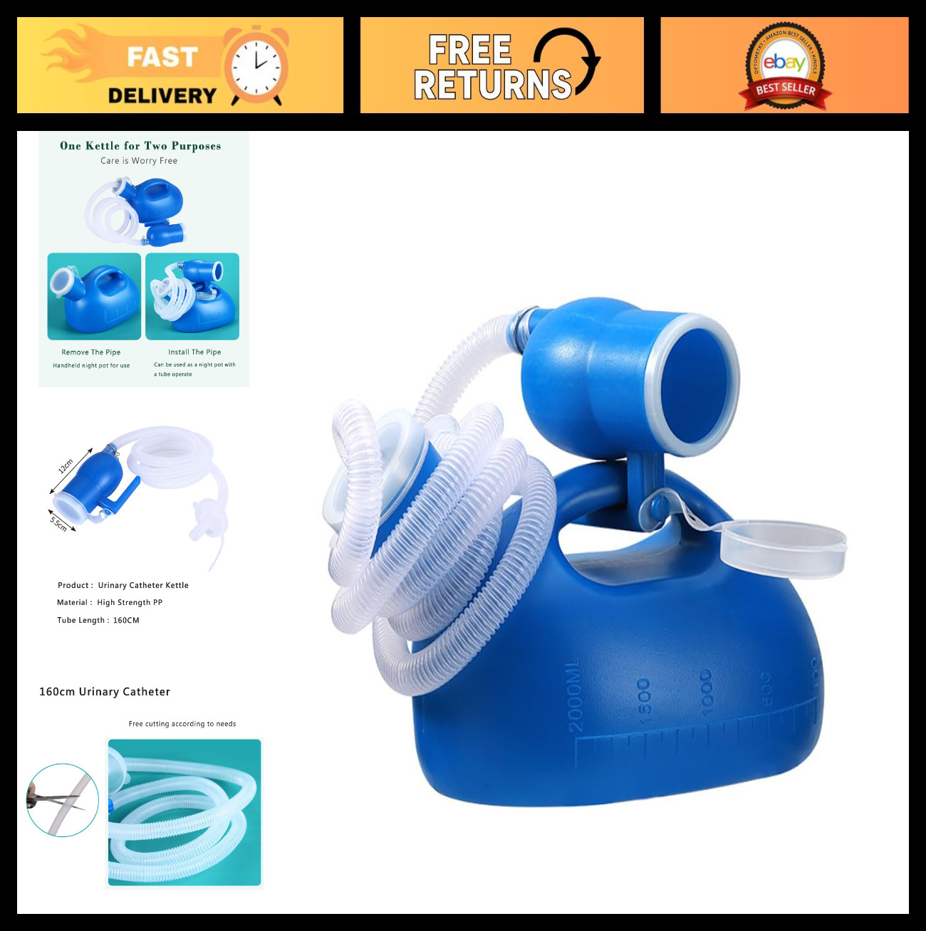 Portable Male Urinal Bottle 68 OZ with 59″ Long Hose & Lid – Travel Friendly