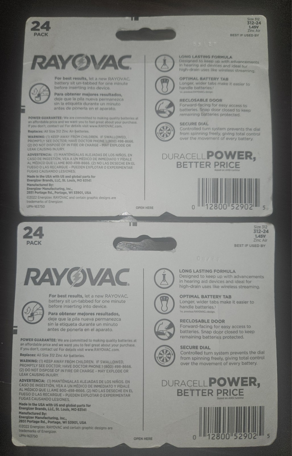 Rayovac 312 Hearing Aid Batteries 24 Pack Zinc Air Exp 03/2027 NEW Lot of 2 (48)