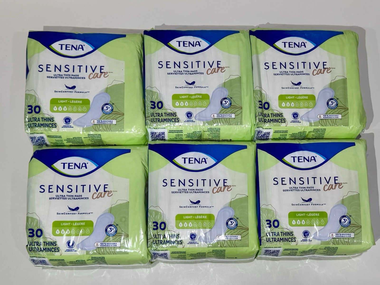 Lot of 6 Tena Sensitive Care Ultra Thin Light Incontinence Pads | 30 Ea = 180ct