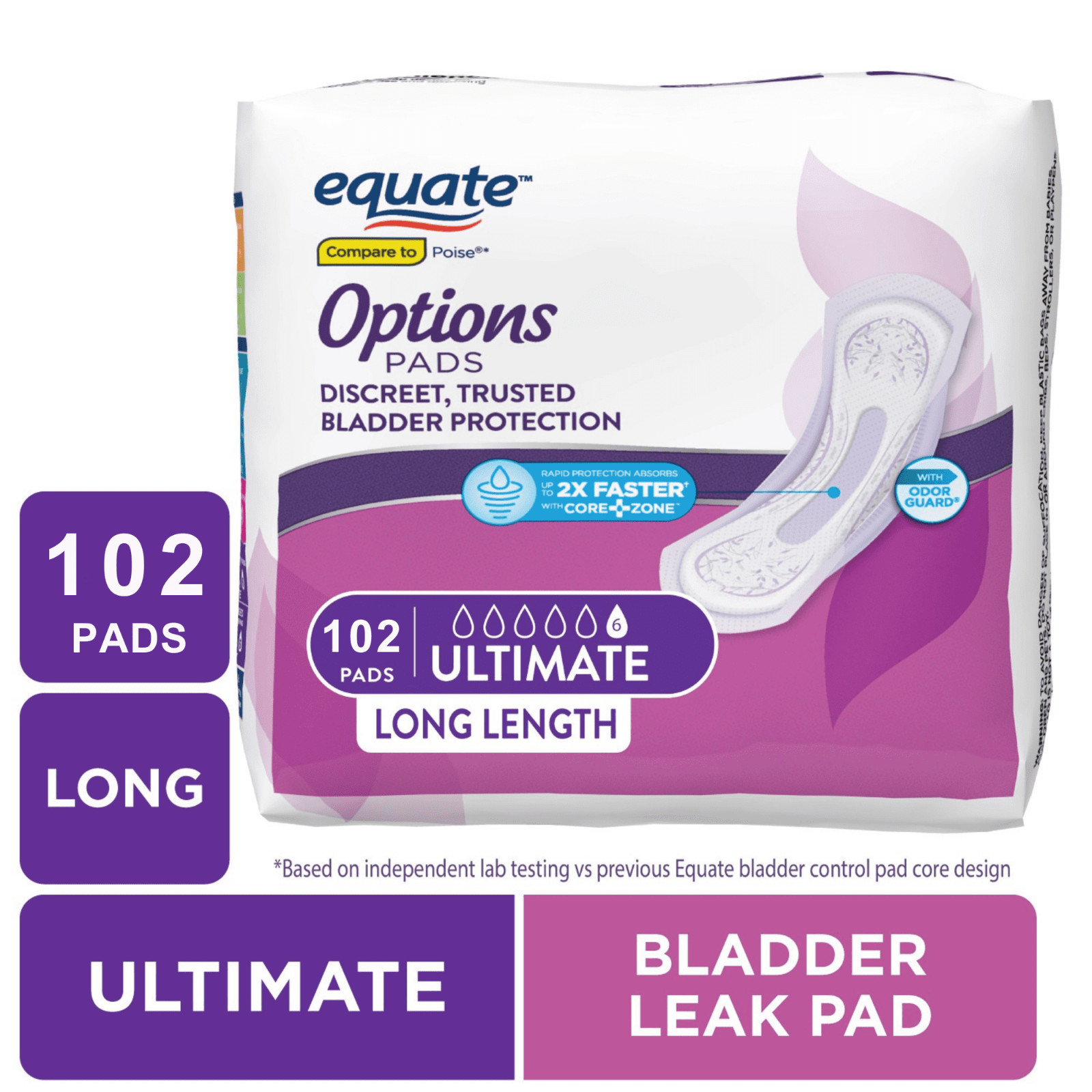 (102 Ct) Equate Options Women’s Incontinence Pads, Ultimate Absorbency Unscented