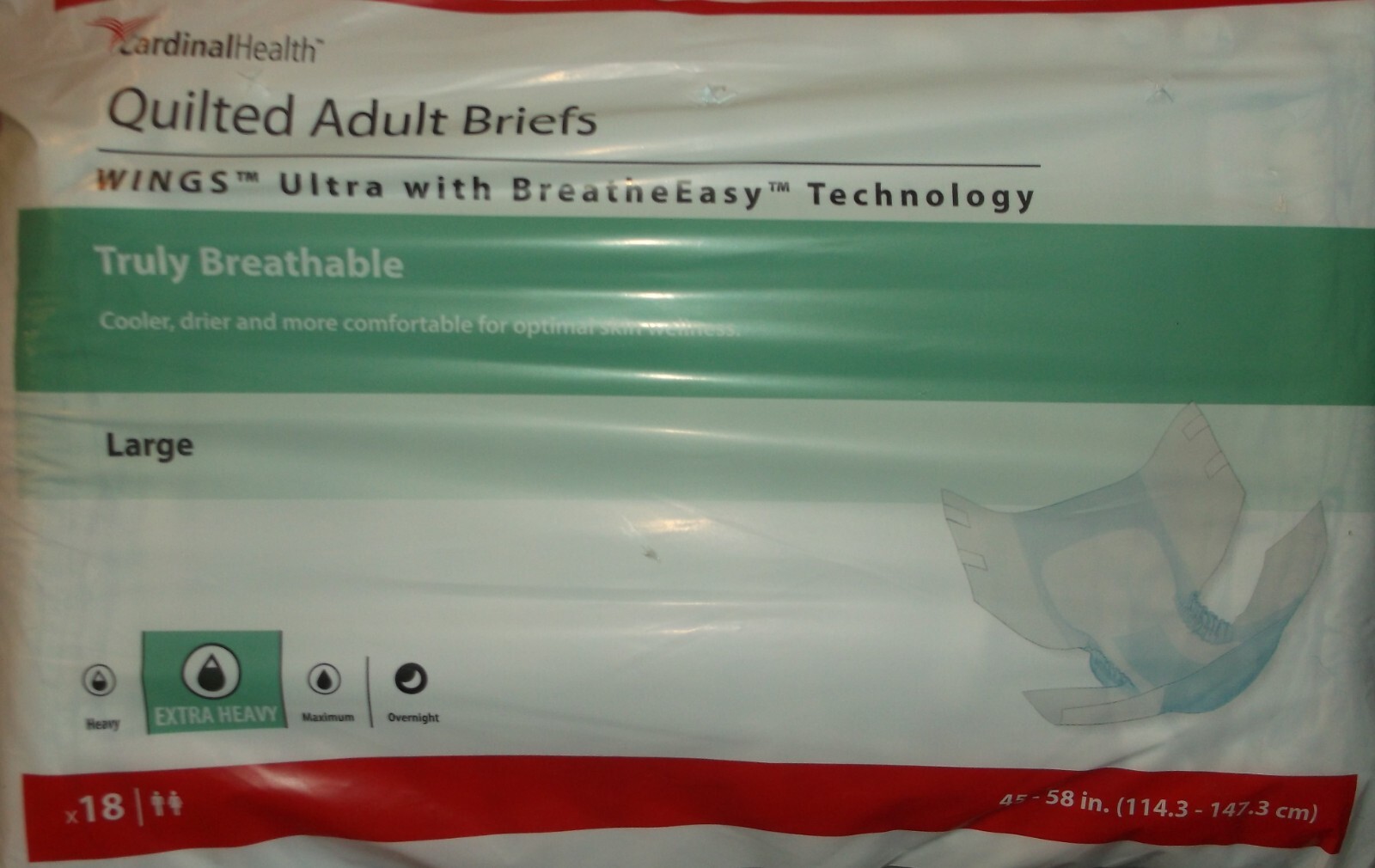 CARDINALHEALTH 18 CT ADULT DIAPERS LARGE 45 – 58 in WAIST EXTRA HEAVY WINGS NEW