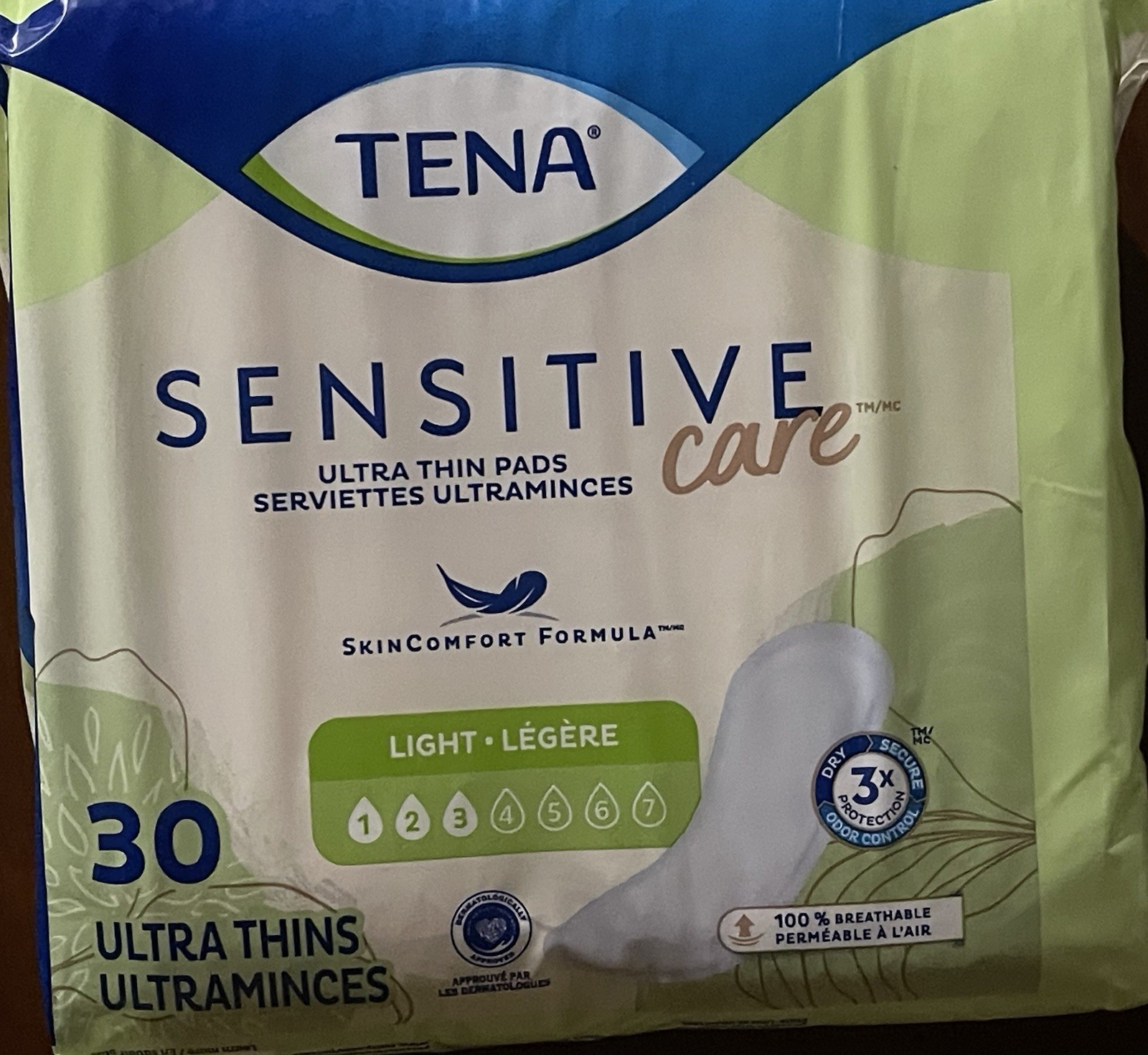Tena Sensitive Care Ultra Thin Light Incontinence pads Regular 30 CT : 6 pack