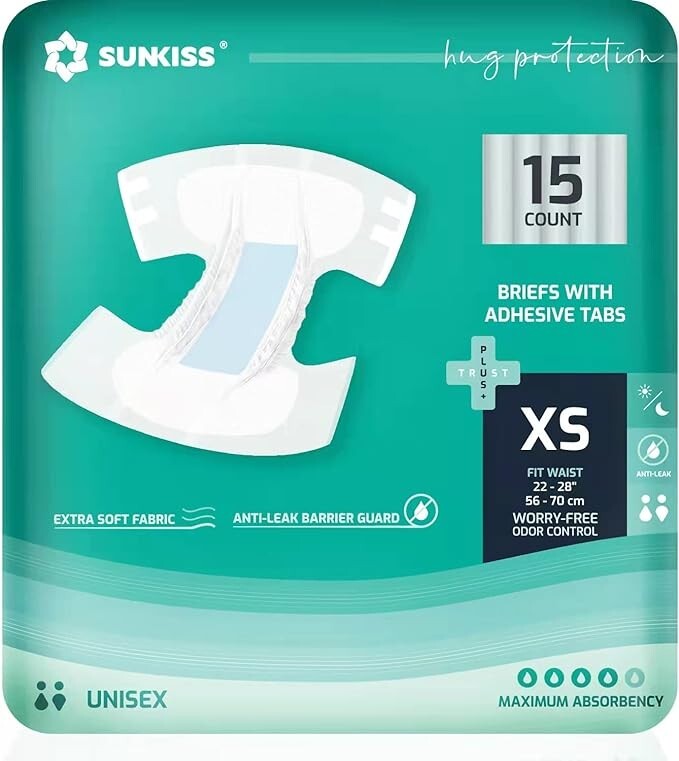 SUNKISS Diapers, Maximum Absorbency, Disposable Incontinence Brief XS 60 count