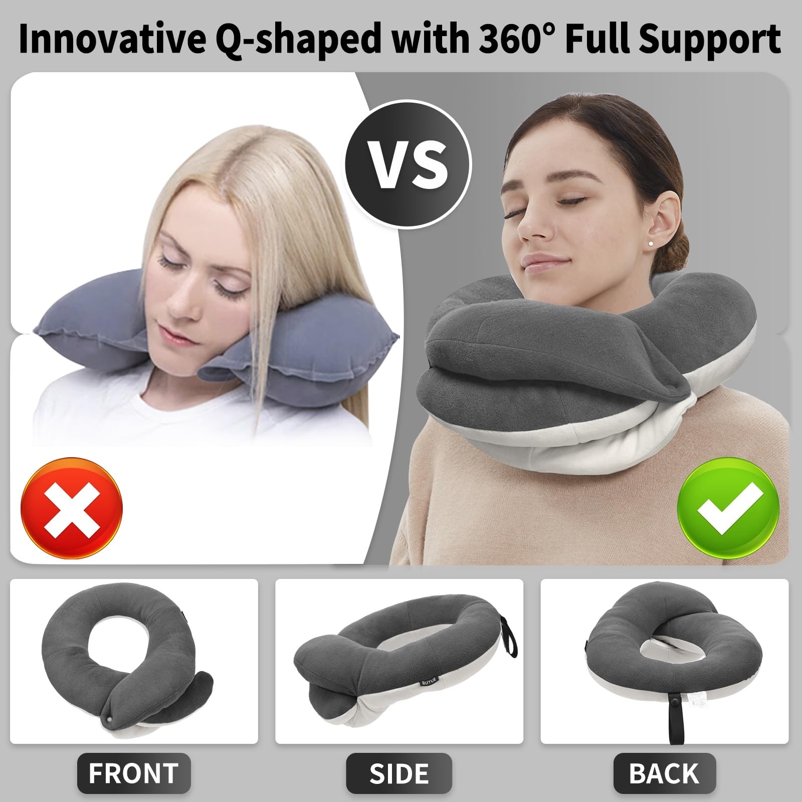 BUYUE Travel Neck Pillows for Airplanes, 360° Head Support Sleep Adult, Grey
