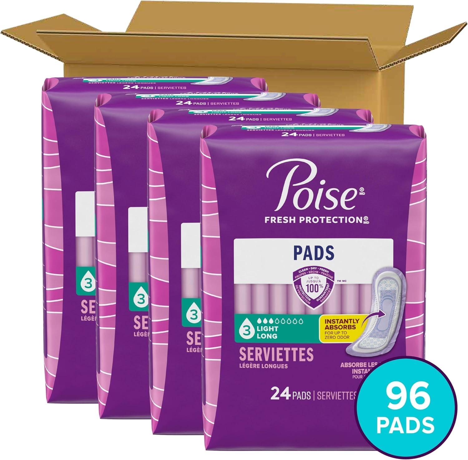 Poise Disposable Incontinence & Postpartum Pads, Leak Protection, 96 Count