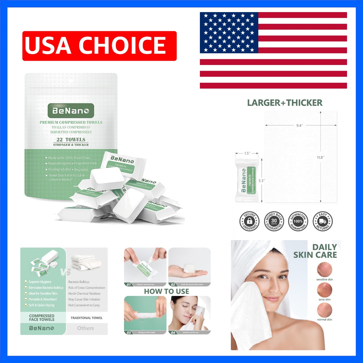 Disposable Compressed Face Towels Tablets, 100% USDA Biobased Quick Dry Porta…