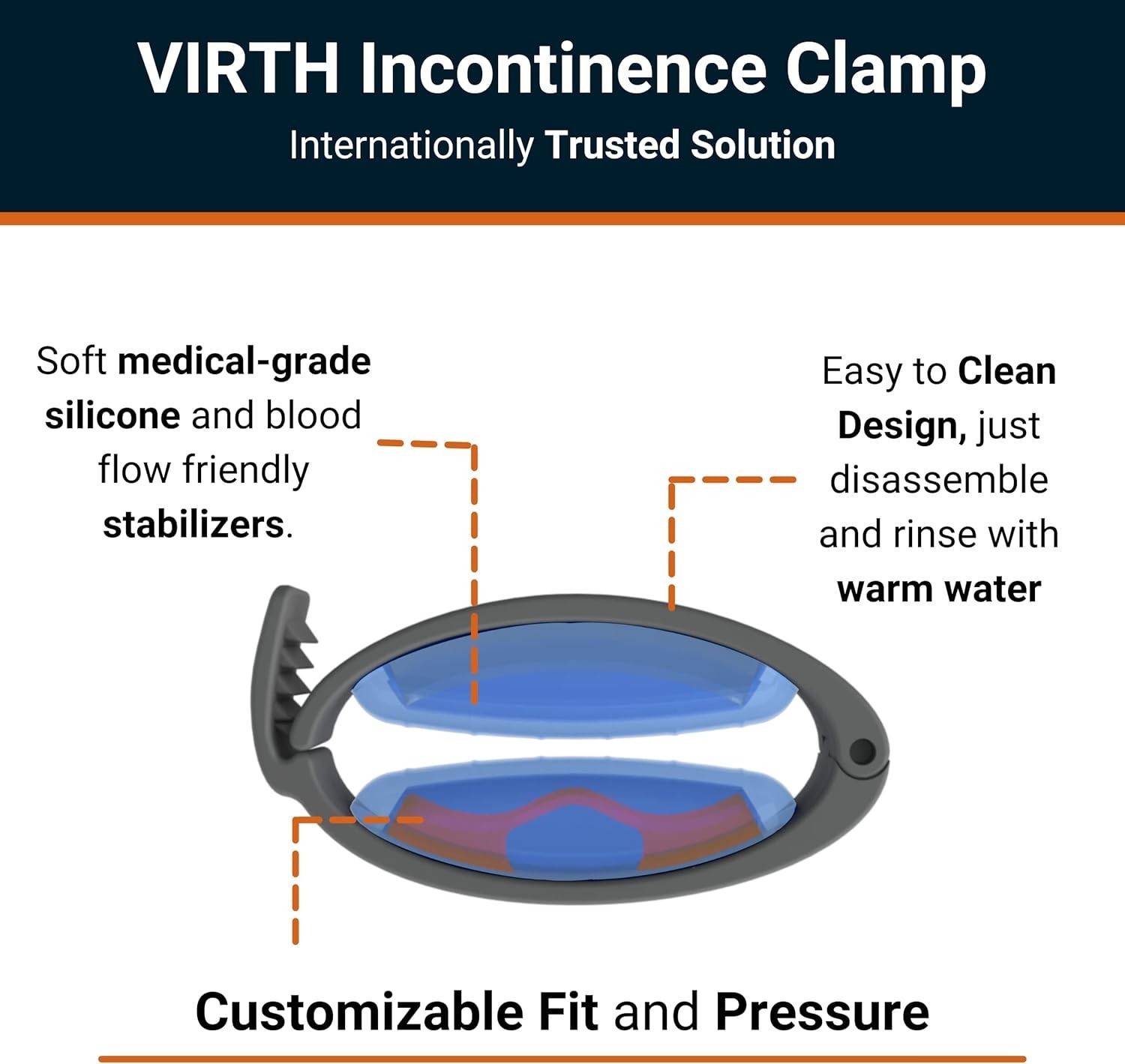 Incontinence Clamp Male Silicone Adjustable Sizes Travel Bag Included