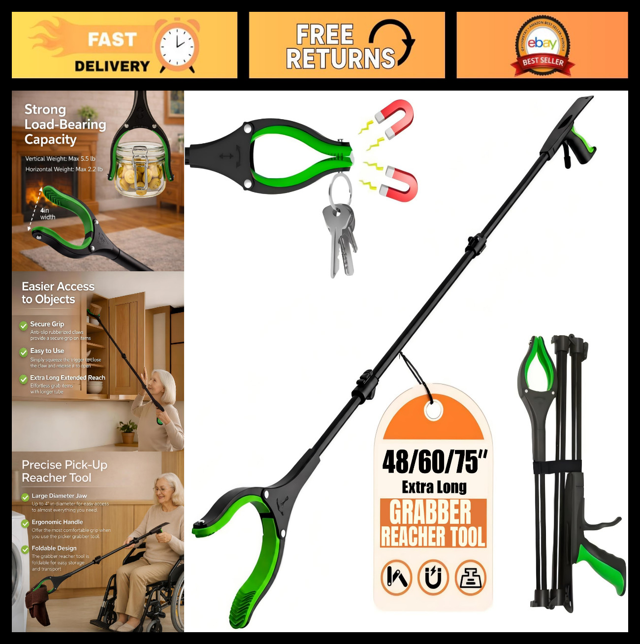 60″ Extra Long Grabber Tool – Foldable Aluminum Reacher with Magnetic Tips, Stro