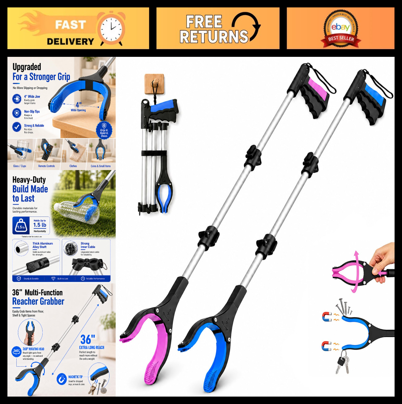 36″ Long Reacher Grabber Tool 2-Pack – Anti-Slip Jaw, 360° Rotating, Magnetic Ti