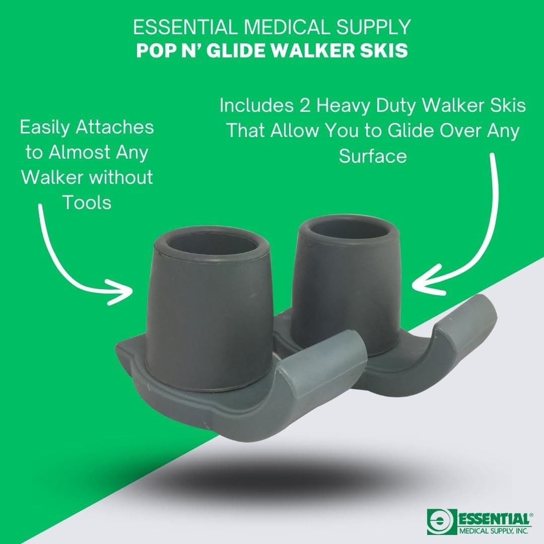 Essential Medical Supply Pop & Glide Easy Use Walker Ski Glides, 2 Pack Gray