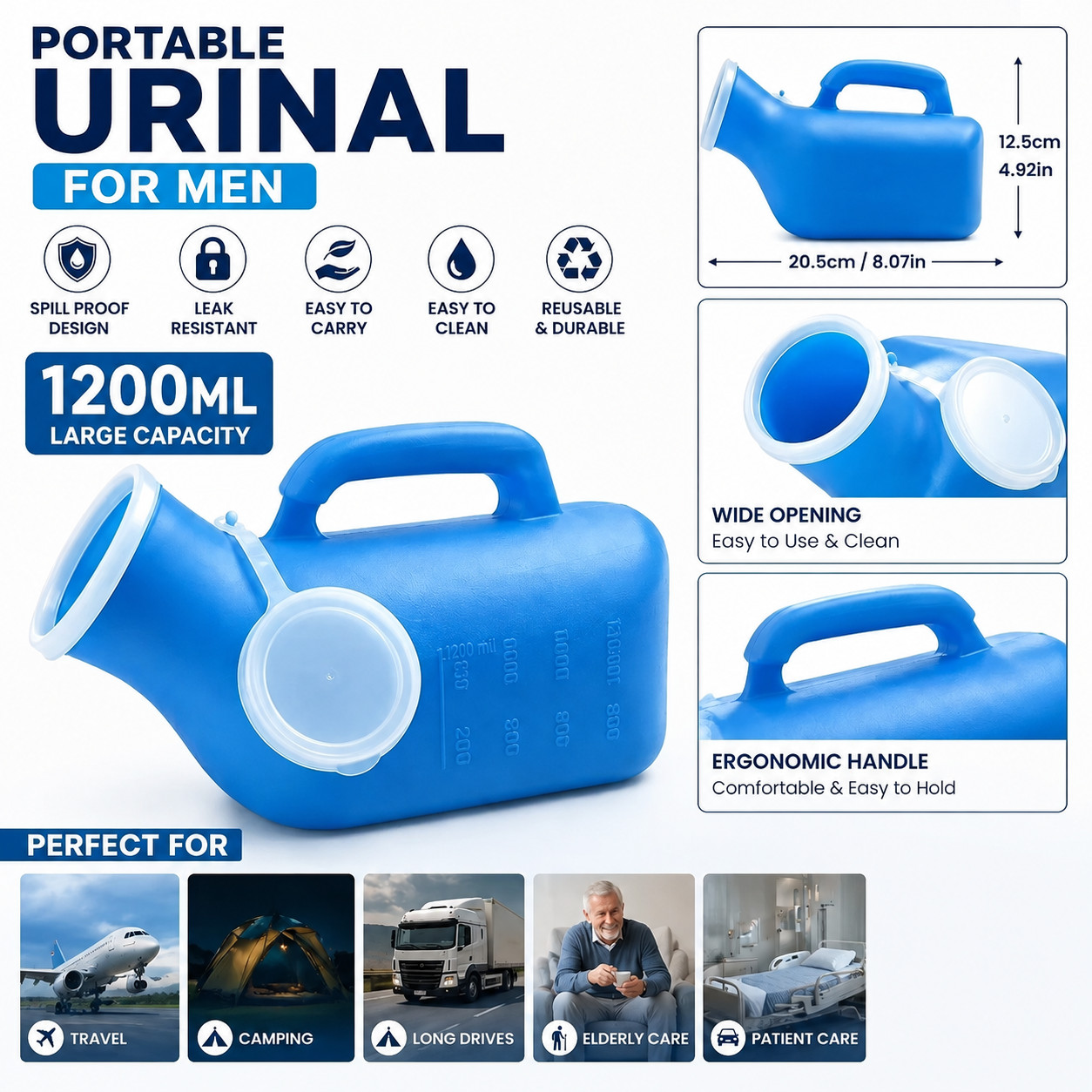 1PCS 1200ML Portable Urinal for Men Spill Proof Urine Bottle Leak Resistant