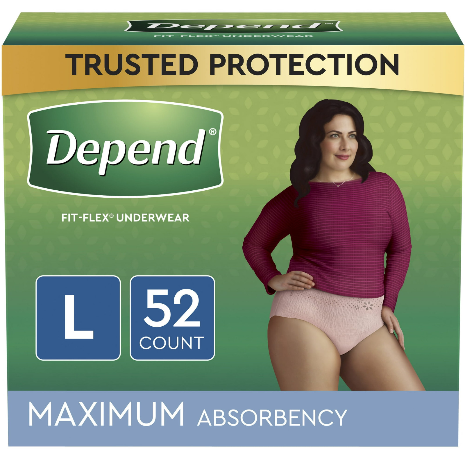 Depend Fit-Flex Women’s Maximum Incontinence Underwear, L, Pink, 52 Count
