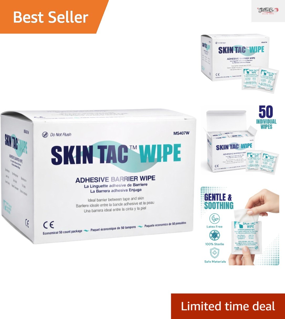 50 Pack Skin Tac Barrier Prep Wipes – Safe for Sensitive Skin, Latex-Free