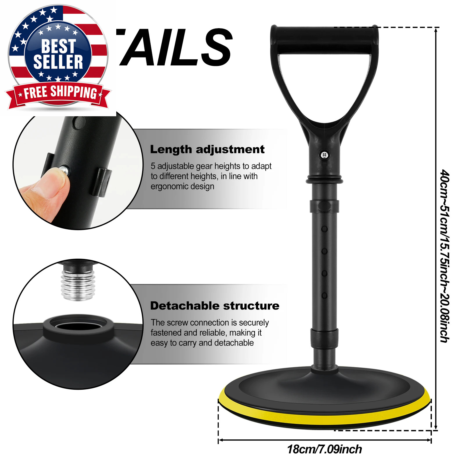 Mobility Aid Tool 5 Height Levels Adjustable Standing Aid Device Elder Cane Stan