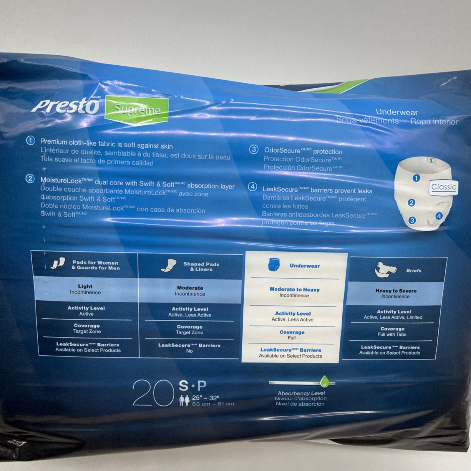 Presto Supreme Adult Incontinence Underwear Disposable size S 25″-32″ 20 count