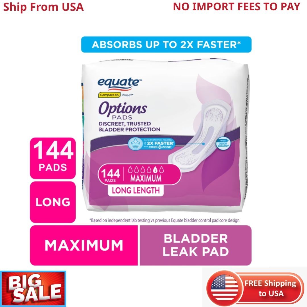 Equate Options Incontinence Pads for Women, Maximum, Long, 144 Count New