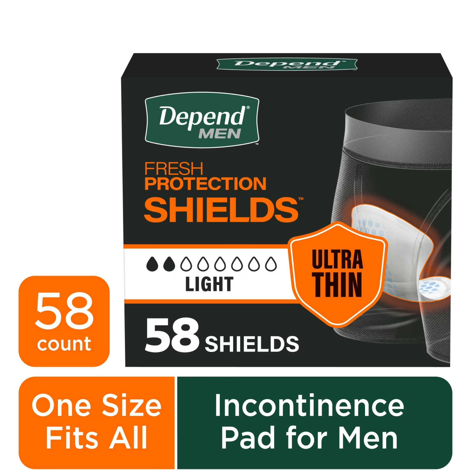 Depend Shields Incontinence Pads for Men, Light Absorbency, 58 Count,US store