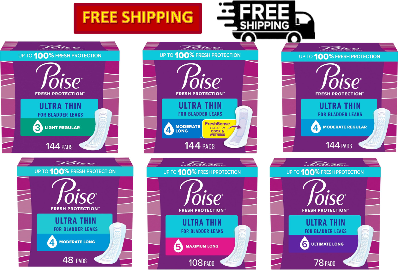 Poise Ultra Thin Incontinence & Postpartum Incontinence Pads, Size 3, 4 & 5