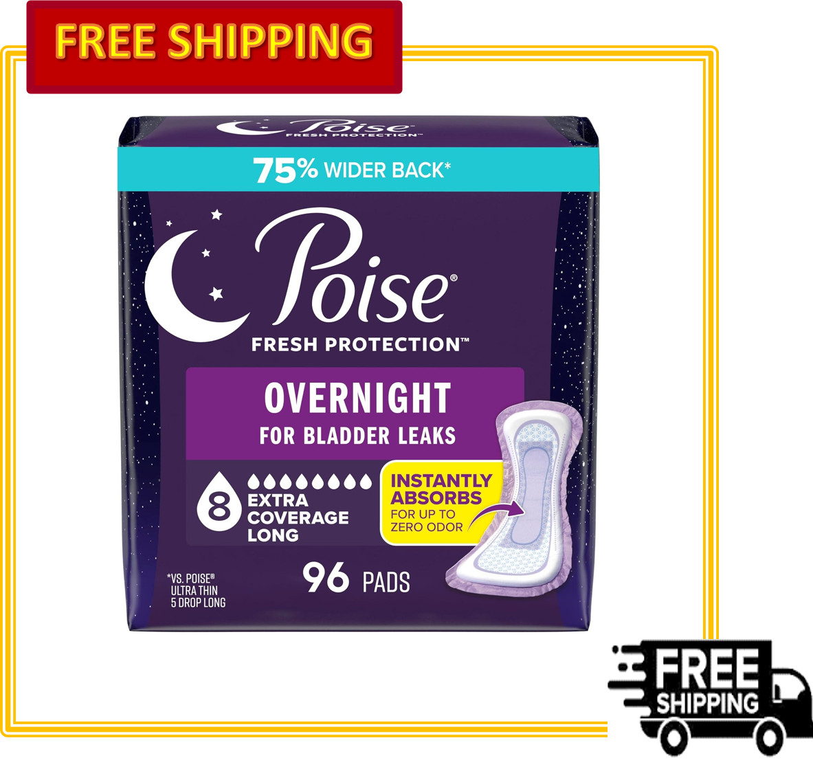 Poise Overnight Incontinence & Postpartum Pads, 8 Drop Extra Coverage, 96 Count