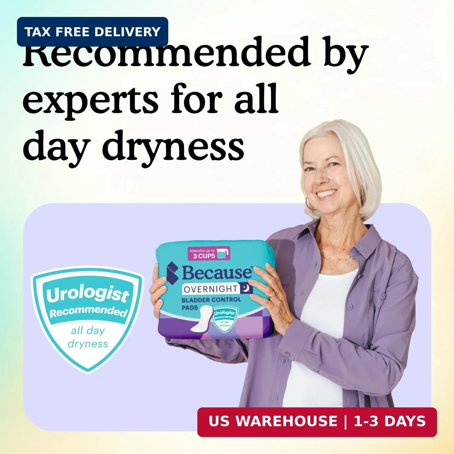 Because Overnight Incontinence Pads for Women – Moderate-to-Heavy Absorbency for