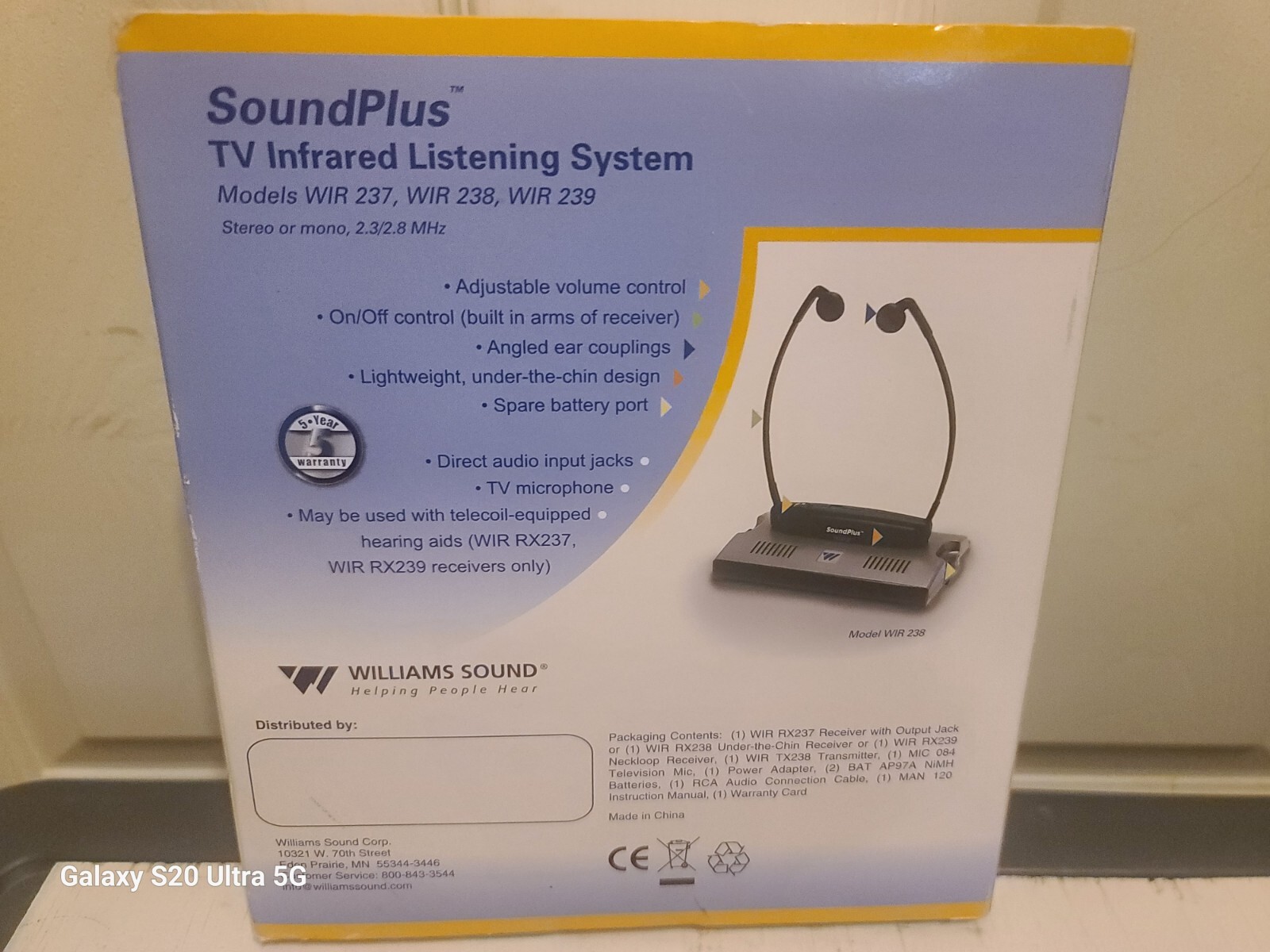 OEM WILLIAM SOUND TV INFRARED LISTENING SYSTEM SOUNDPLUS WIR RX238 WIRELESS