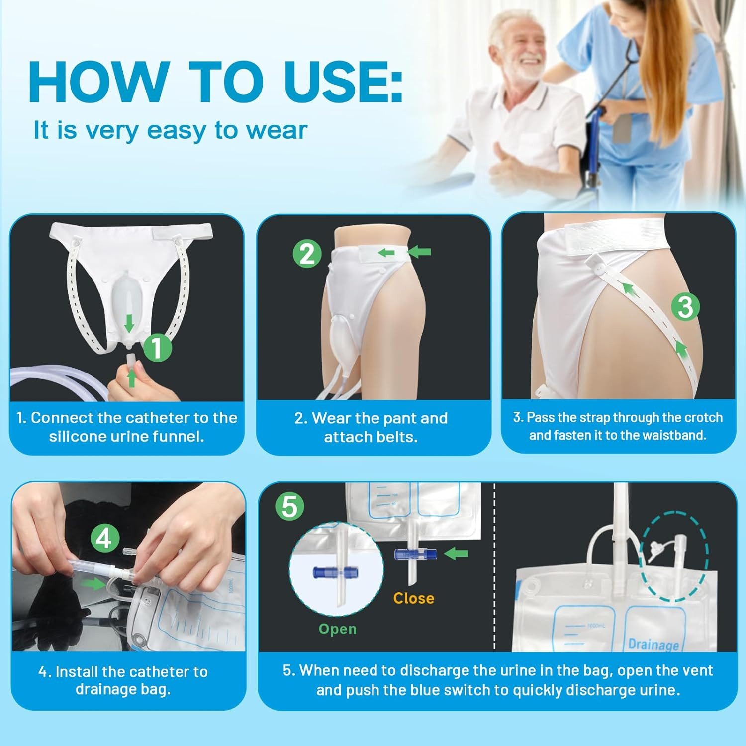 Catheter for Men, Urine Collection Bag for Elderly Men Male Age 80, Reusable Por