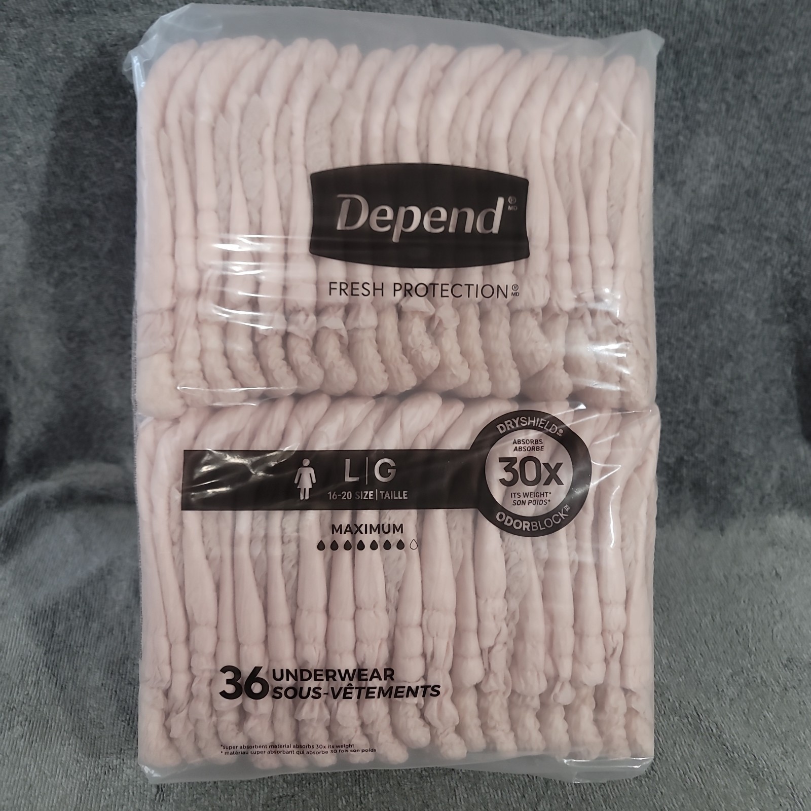 Depend Fresh Protection Women’s Large Maximum Incontinence Underwear 36 Pink