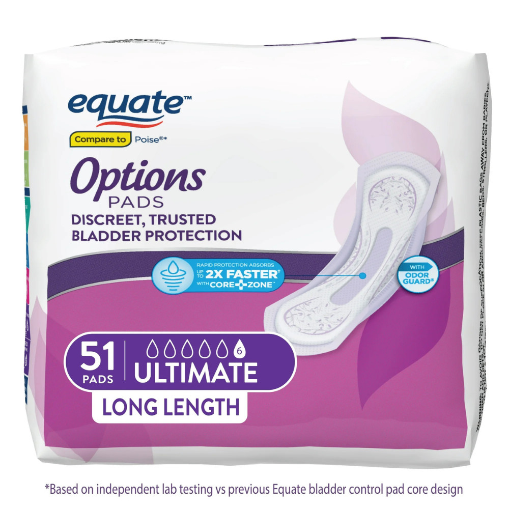 Equate Options Incontinence Pads Ultimate Absorbency Long 51 Ct, 2PK (102 Total)