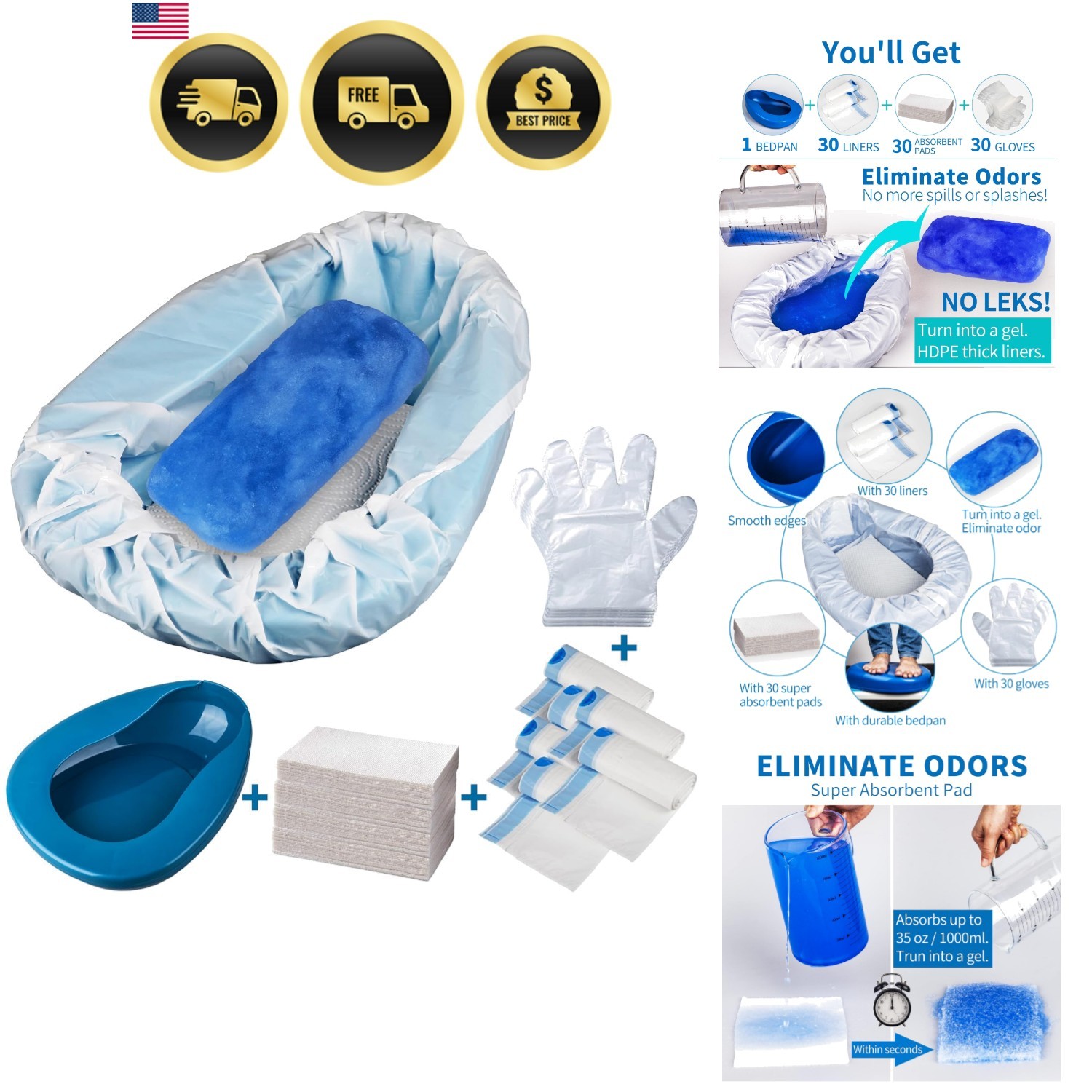 Bedpan Set with 30 Disposable Liners, Super Absorbent Pads and Gloves – Pack …
