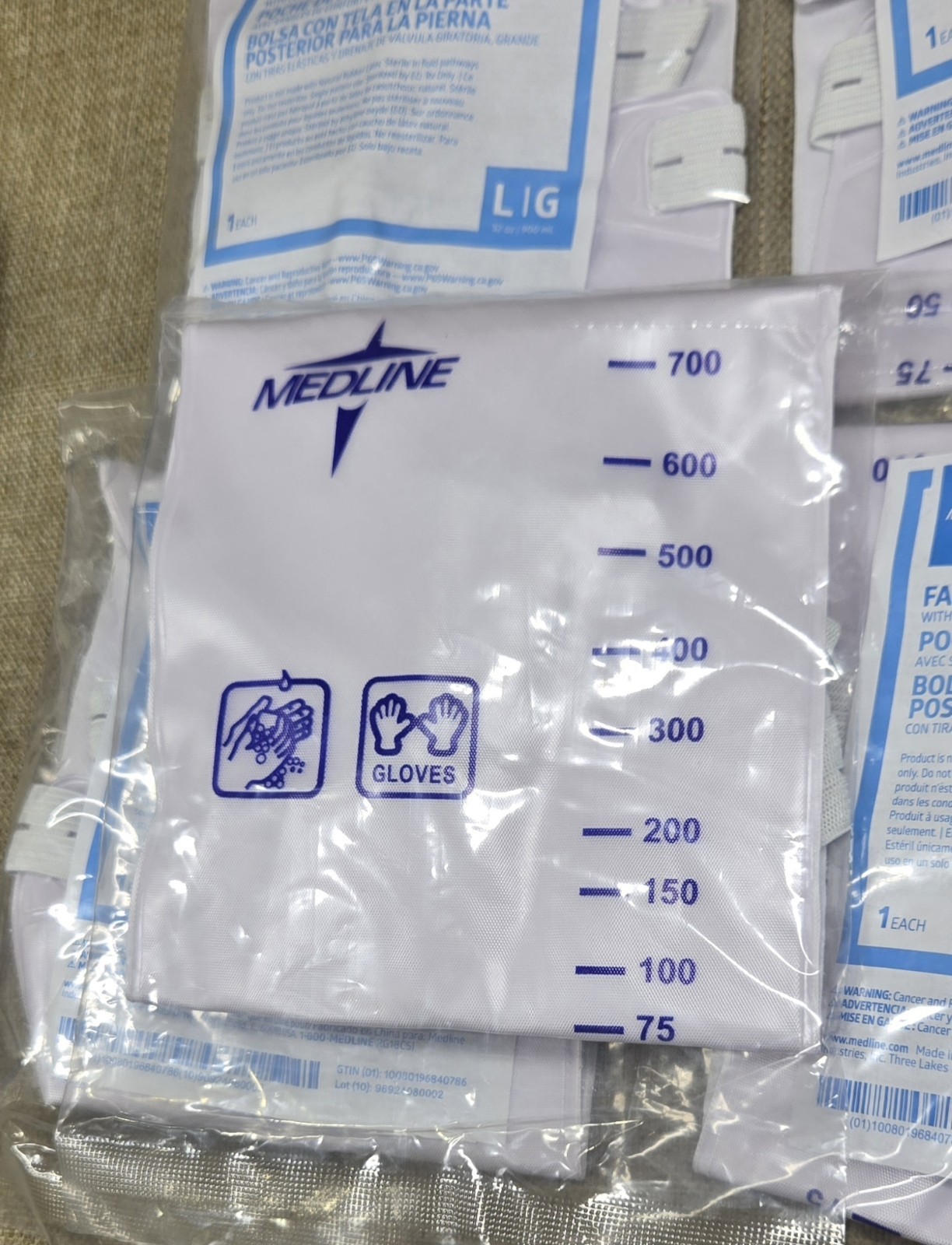 LOT OF 5 – MEDLINE Fabric Back Leg Bags with Slide Tap – Large 32oz – DYND12588