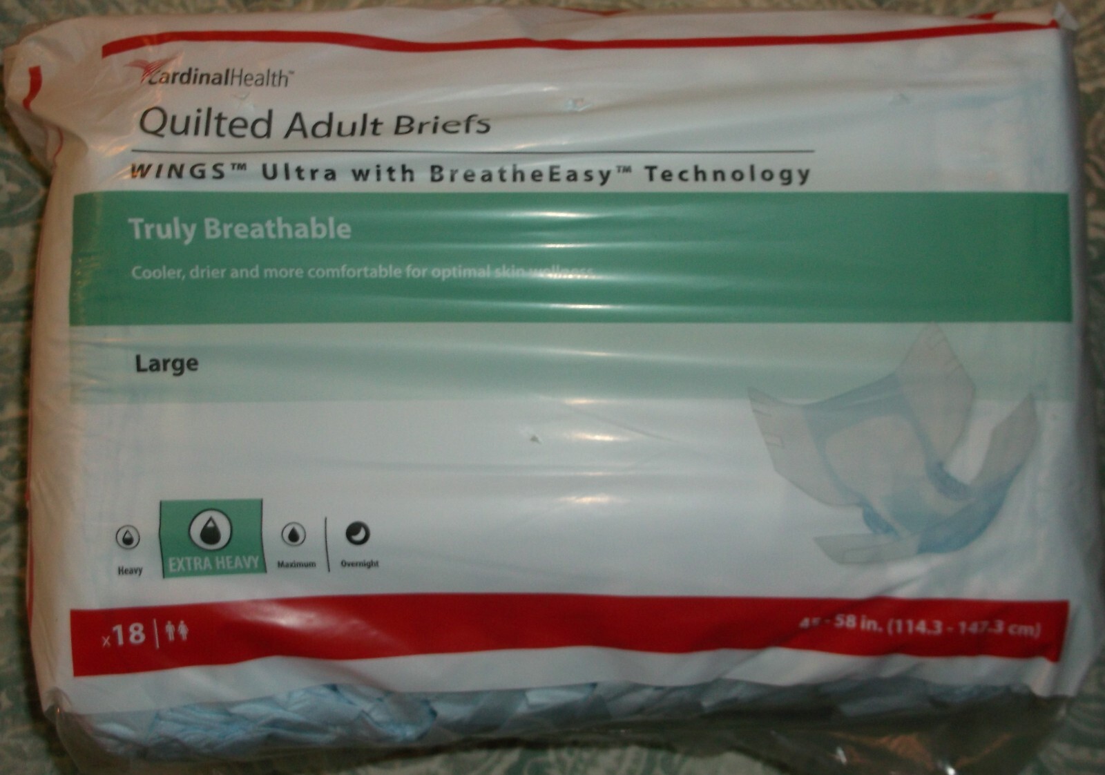 CARDINALHEALTH 18 CT ADULT DIAPERS LARGE 45 – 58 in WAIST EXTRA HEAVY WINGS NEW