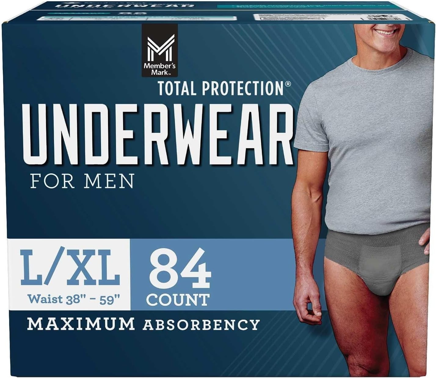 Member’s Mark Total Protection Incontinence Grey Underwear for Men, L/XL (84 Ct)