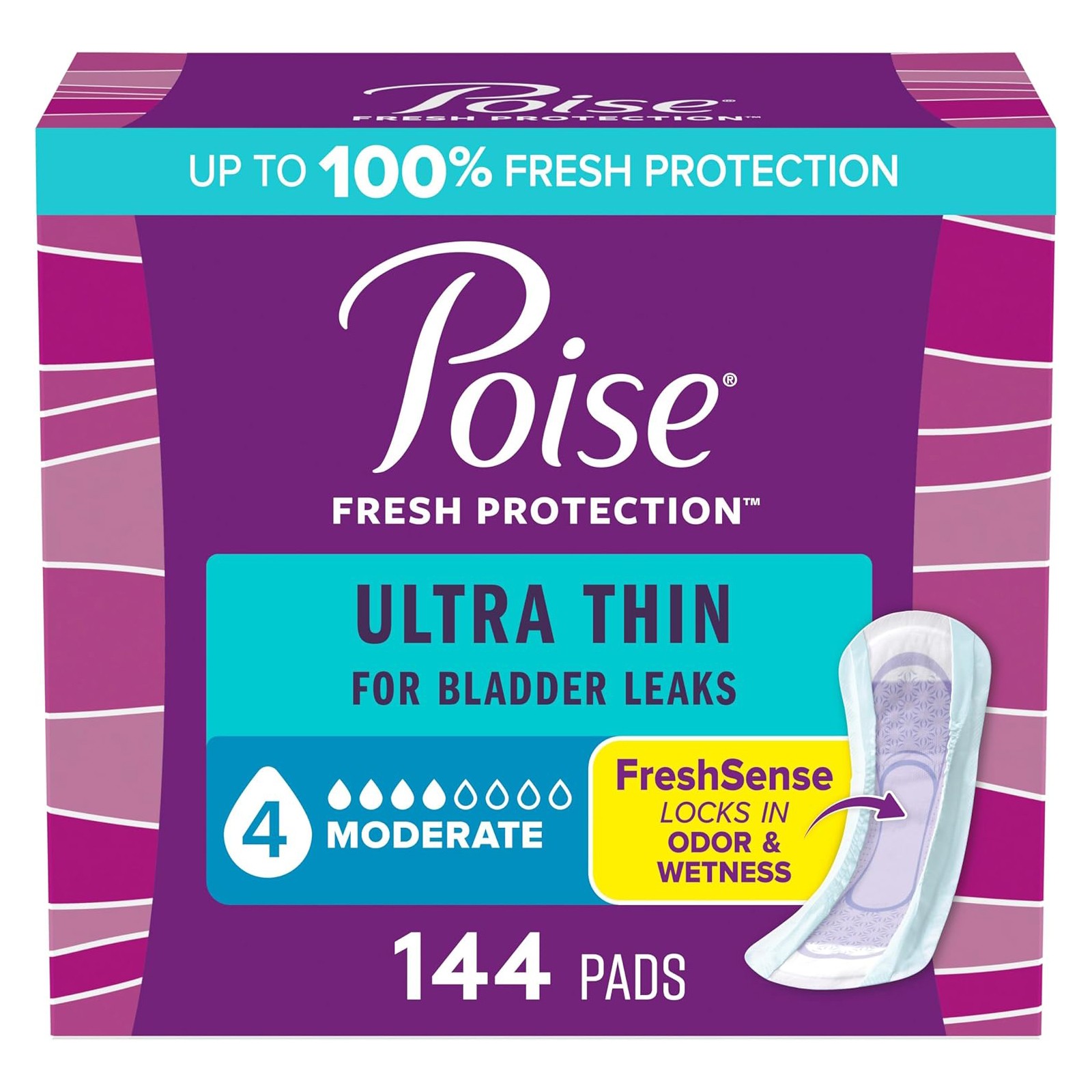 Poise Ultra Thin Incontinence Pads Moderate Absorbency Regular Length 144 Count