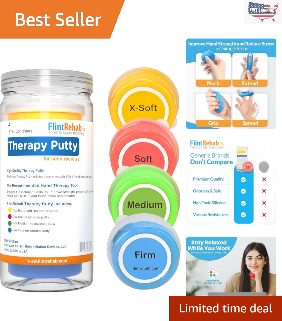 Color-Coded Therapy Putty for Hand Strength – 4 Pack (3 Oz Each), Portable Fun