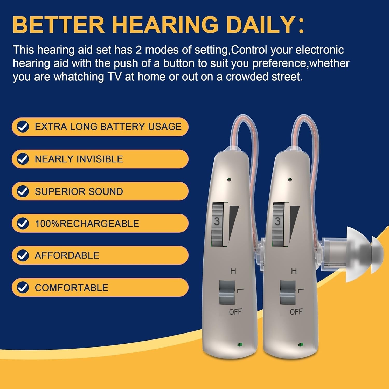 1 Pair BTE Rechargeable Hearing Aids for Seniors with Noise Cancelling