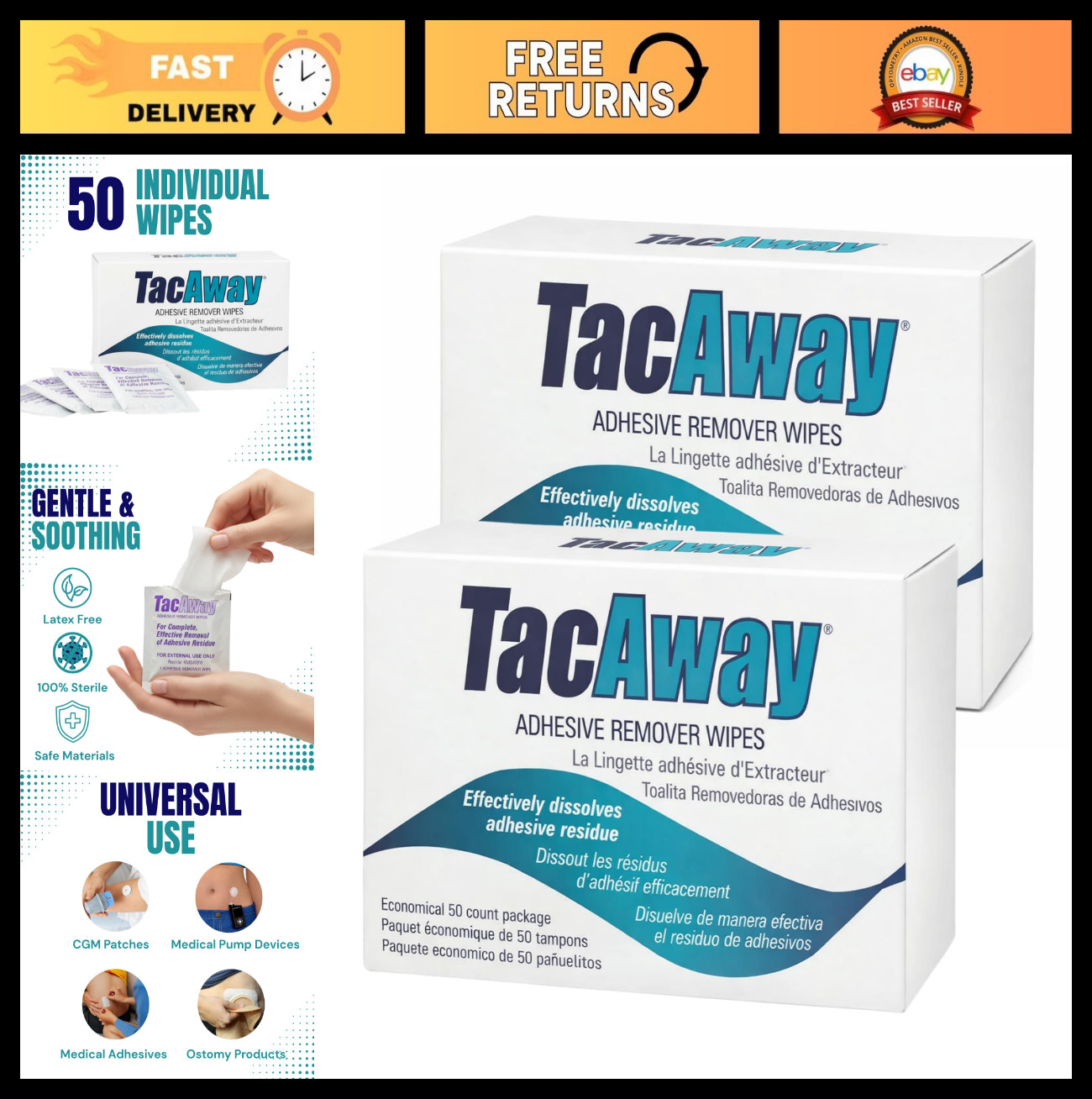 Adhesive Remover Wipes – 50 Count Box – 2 Pack – Easy Clean Sticky Residue