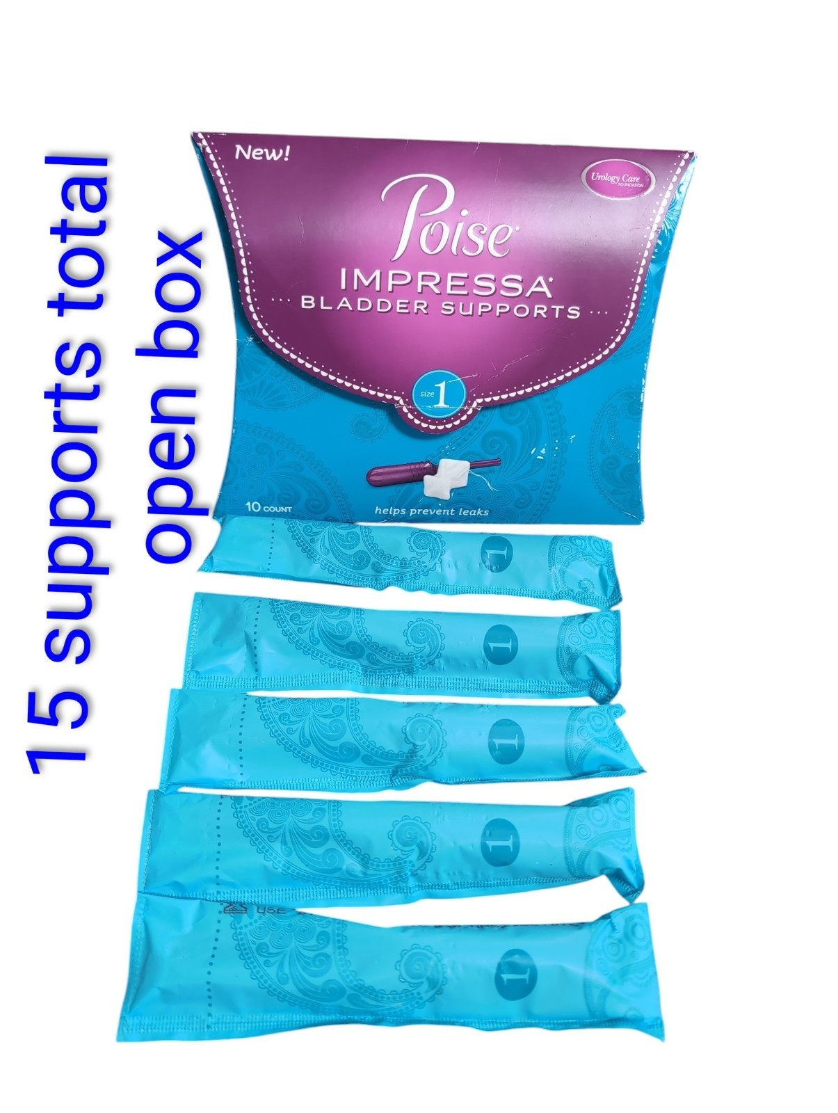 Poise Impressa Bladder Supports Size 1 open box of 10+5=15 count sealed-no leaks