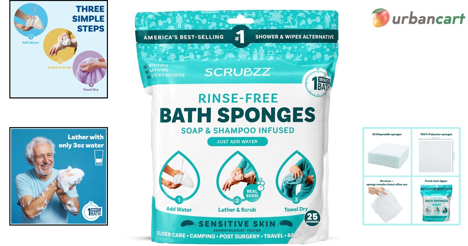 Sensitive Skin Rinse-Free Bath Wipes – 25 Pack