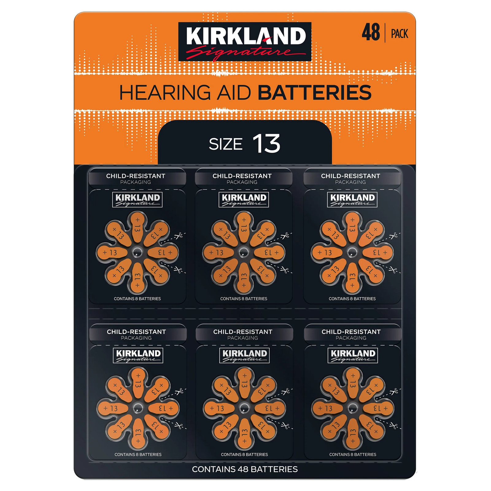 Kirkland Signature Hearing Aid Batteries, Zinc Air, Size 13 (Orange), 48-pack