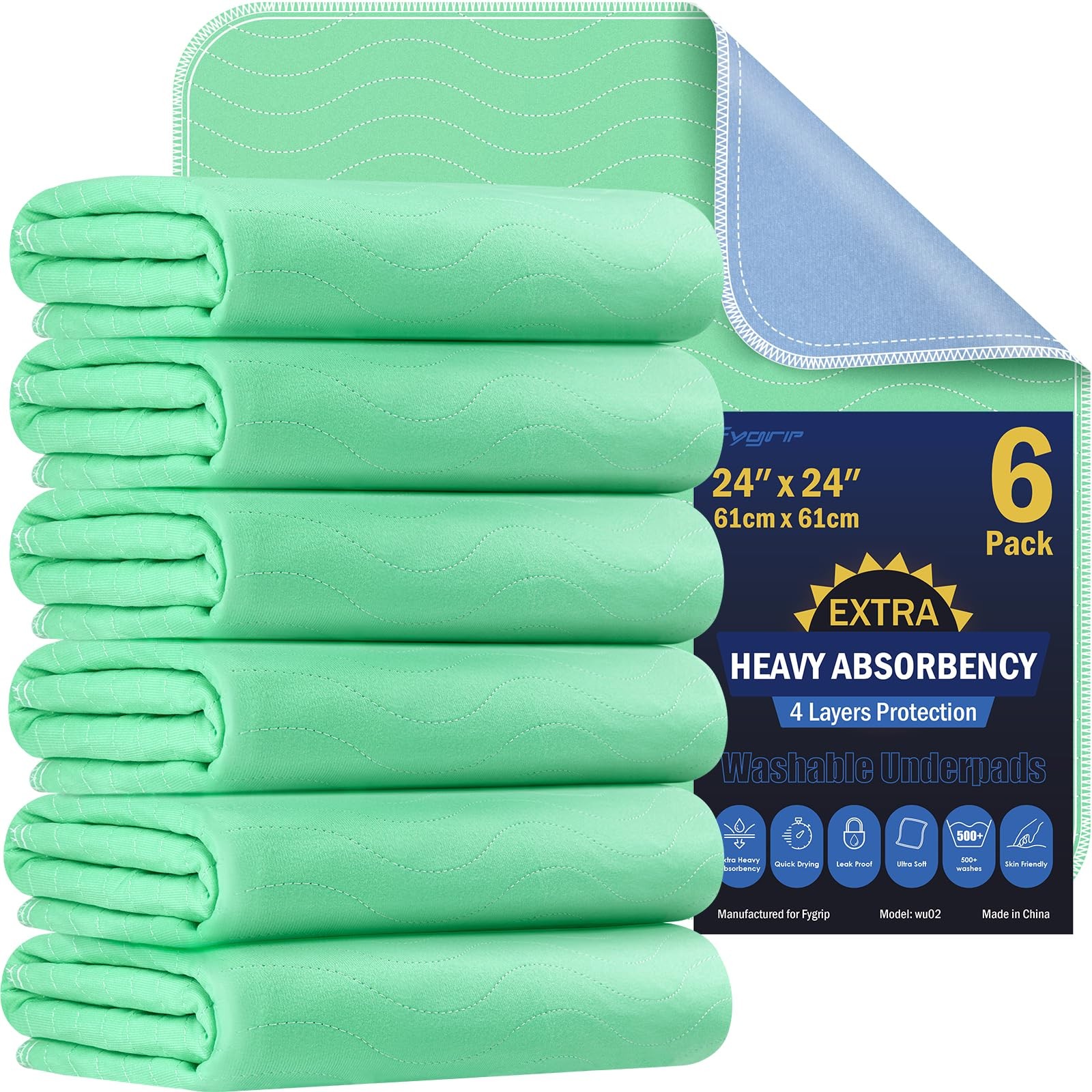 Washable Underpads 24″ x 24″ Extra Heavy Absorbency – Waterproof Reusable Pee