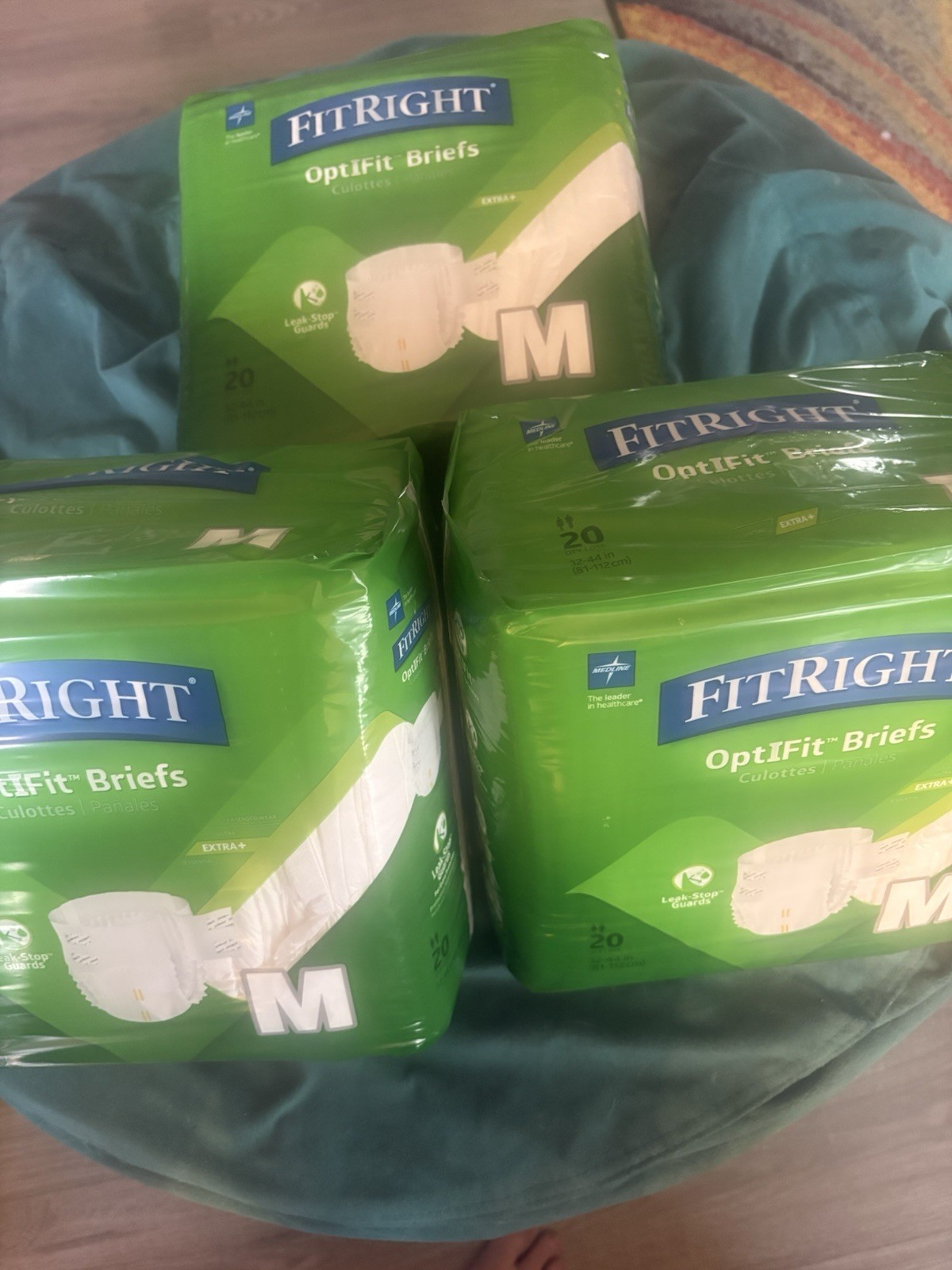 60 COUNT Medline FitRight OptiFit Briefs Medium Extra+ Leak-Stop Guards 3 packs